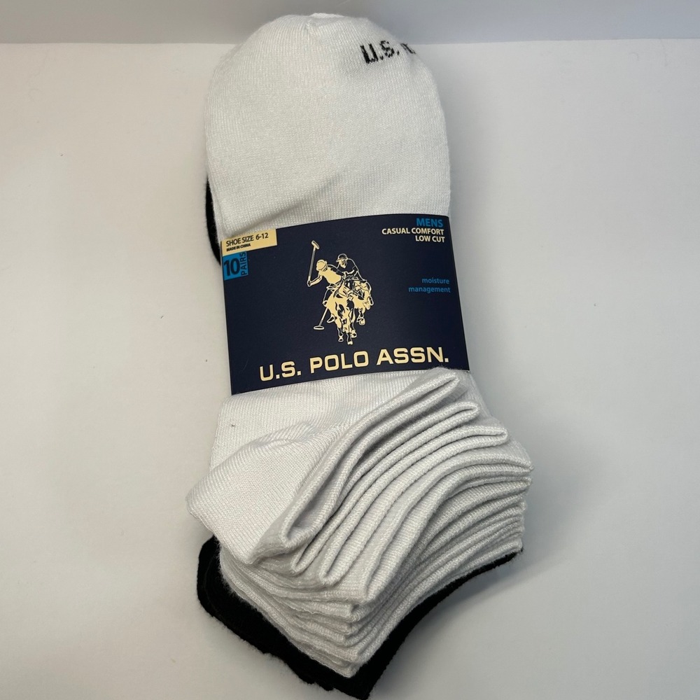 US Polo Assn Mens 10 Pair Low Cut Socks White Black Shoe Size 6-12 Comfort